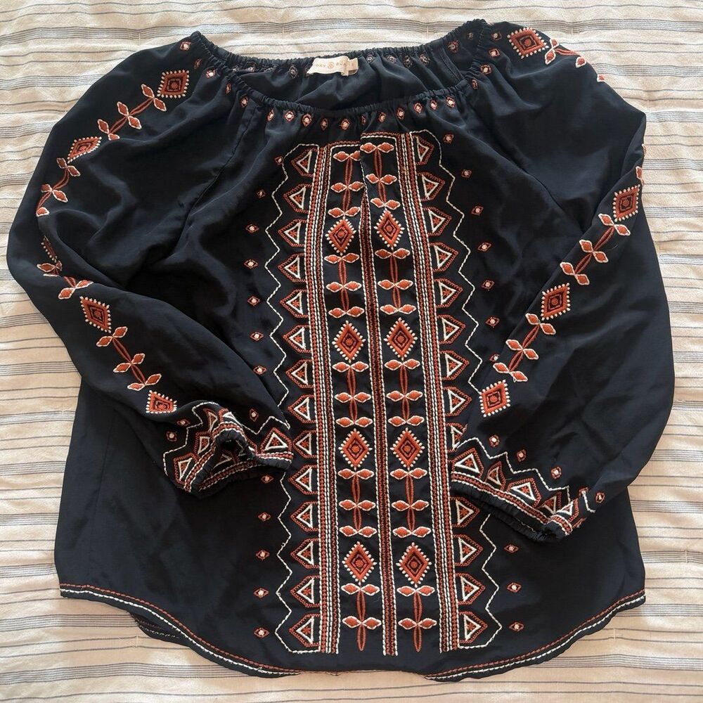Tory Burch Jessie 100% Silk Off Shoulder Embroidered Blouse Women’s Size 8 - Picture 6 of 9